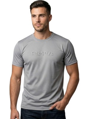 0 Yaka Gofre Baskılı Trender Erkek T-Shirt Modal Gri