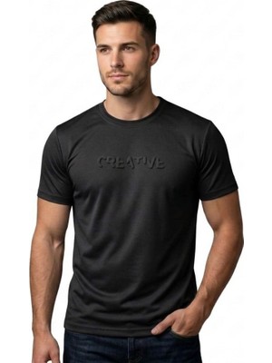 0 Yaka Gofre Baskılı Trender Erkek T-Shirt Modal Siyah