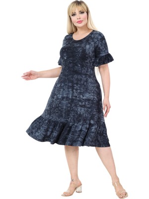 Melsay Butik Antrasit Batik Yıkamalı Fırfırlı Cepli Kısa Kollu Kadın Midi Elbise