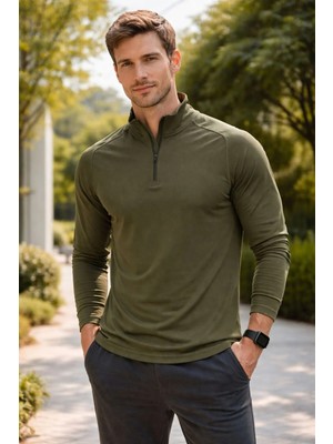 Tusebu Erkek Yarım Fermuarlı Thermal Sweatshirt Haki Uzun Kollu Spor Outdoor Üst