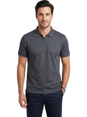 Yarım Fermuarlı Polo Yaka Trender Erkek T-Shirt Modal Füme