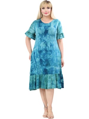 Melsay Butik Turkuaz Batik Yıkamalı Kısa Kollu Fırfırlı Cepli Kadın Midi Elbise