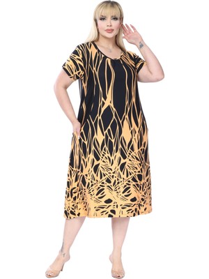 Melsay Butik Sarı Dalgalı Reflektör Desen Kuplu Cepli Kısa Kollu Kadın Midi Elbise