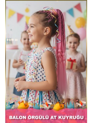 Özbience Renkli Balon ve Salaş Örgülü Simli Lastikli At Kuyruğu, Şık ve Rahat Kullanım