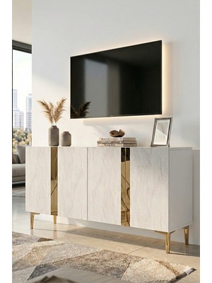 Yumedi Design KA1298BTG - Cherry Konsol, Tv Sehpası, Çok Amaçlı Dolap ve Kahve Köşesi 120CM Beyaz-Traverten-Gold