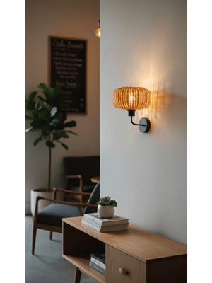 Rattam Luna Rattan Aplik - Doğal Çam Kabuğu Boyalı El Yapımı Duvar Lambası