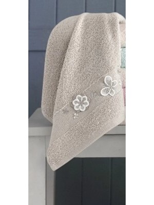 Turkar-Arliva Arliva Home Dora Simli Bordür Nakışlı Kelebek Motifli 50X90 Tekli El Yüz Havlusu Bej