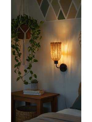 Rattam Reed Rattan Aplik - Doğal Çam Kabuğu Boyalı El Yapımı Duvar Lambası