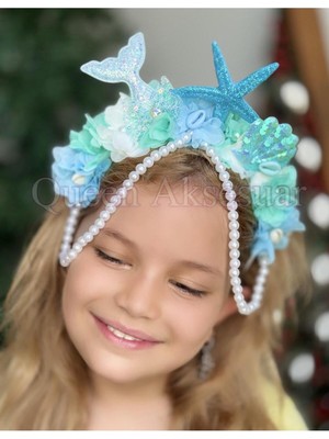 Özbience Deniz Kızı Temalı Incili Yıldız ve Çiçekli Parti Tacı, Mavi, Lüks Tasarım