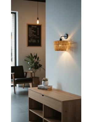 Rattam Willow Rattan Aplik - Doğal Çam Kabuğu Boyalı El Yapımı Duvar Lambası