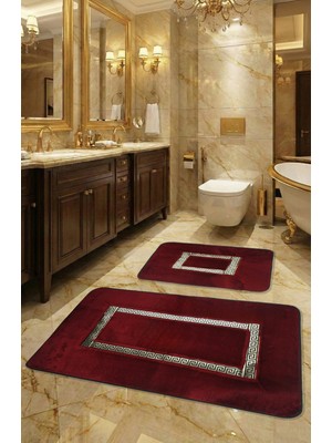 Feel Home Meram Kaymaz Taban, Yumuşacık, Emici 2'li Ultra Lüks Deri Detaylı Banyo Paspası Seti