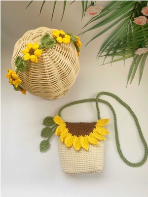Özbience Ayçiçeği Yaprak Detaylı Manyetik Çıtçıtlı Örgü Çanta ve Taç Seti