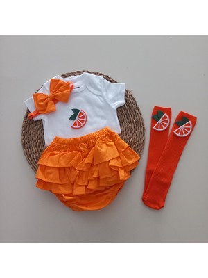 Mars Baby Kız Bebek Turuncu Portakal Fırfır Şort Etek Bodyli Çorap Takımı