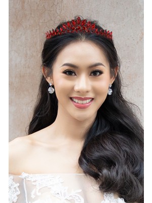 Özbience Kırmızı Kristal Taşlı Gelin Prenses Tacı Yaprak Modeli, Zarif ve Şık Tasarım
