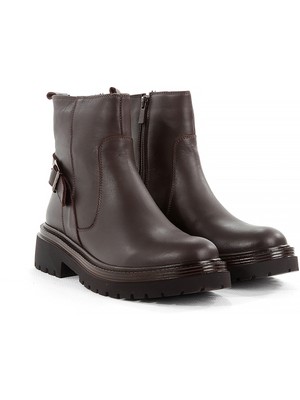 Rella Kadın Bot Iç Dış Hakiki Deri Kahverengi Cilt Fermuarlı  Kalın Taban Günlük Rahat Şık Bilek Bot