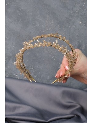 Özbience Bal Rengi Talya Çift Sıralı Boncuklu Gelin Tacı