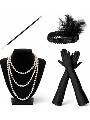 AyrStore 1920’LER Çarliston Aksesuar Seti – Inci Kolye, Eldiven, Sigara Tutucu, Siyah Saç Bandı