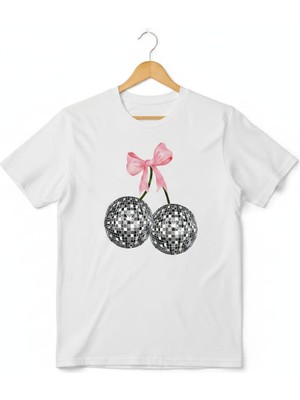 Texrium Kadın Beyaz - Siyah %100PAMUK Retro Party Serisi Kiraz Figürlü Bisiklet Yaka Regular T-Shirt