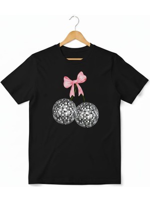 Texrium Kadın Beyaz - Siyah %100PAMUK Retro Party Serisi Kiraz Figürlü Bisiklet Yaka Regular T-Shirt