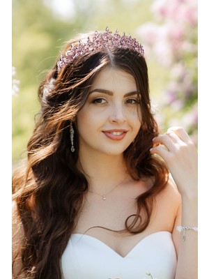 Özbience Şık Kristal Taşlı Gelin Kına Tacı, Prenses Tarzında Pembe Düğün Tacı