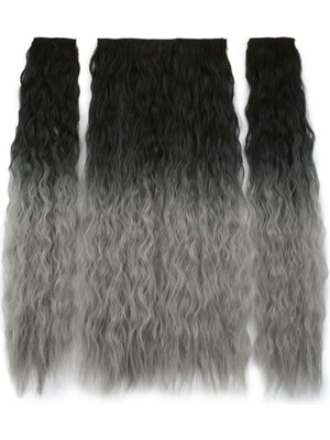 Özbience Şık Fiber Sentetik Kabarık Dalgalı Yarım Ay ve Yan Çıt Çıt Siyah Gri Ombre