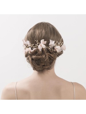 Özbience Pembe Çiçekli Kristal Taşlı Bağlamalı Gelin Saç Aksesuarı