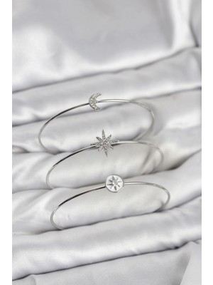 TE Dükkan Buğz Gümüş Renk Zirkon Taşlı Kutup Yıldızı Model 3'lü Kadın Bileklik Kombini