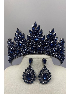 Özbience Lacivert Lotus Işlemeli Gelin Kına Tacı ve Damla Küpe Takımı