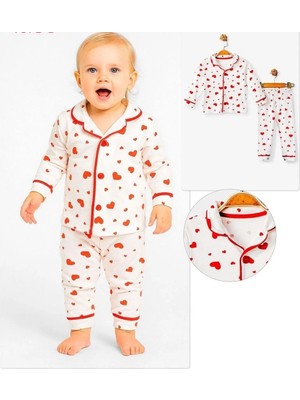 Kalp Baskılı Kız Bebek Pijama Takım - Kırmızı - 12 - 18 Ay Kırmızı