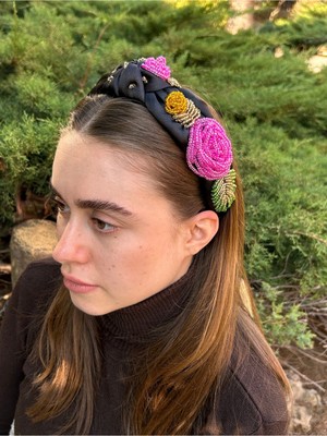 Özbience Pembe ve Yeşil Gül Detaylı Abiye ve Nişan Taç Aksesuarı