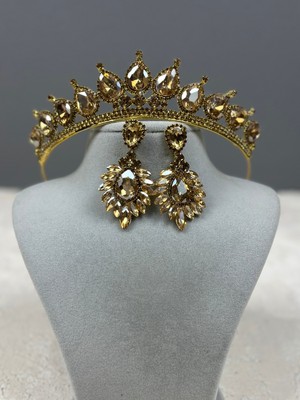 Özbience Yeşil Düğün Kına Kostüm Tacı ve Damla Mekik Küpe Seti