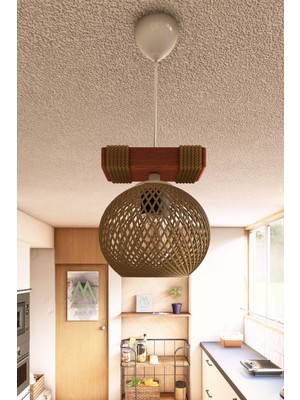 Özbience Ahşap Halatlı Balle Hasır Küre Top Tekli Sarkıt Kütük Avize