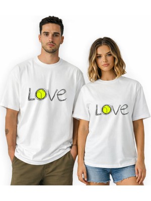 Kidilia Love Tenis Görselli Unisex Bisiklet Yaka Tasarım Tshirt - Beden: Mrenk: Beyaz