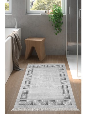 Özbience Modern Gri Kaymaz Taban Banyo Halısı, Yıldız Desenli ve Saçaklı Tasarım