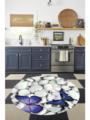 Özbience Dijital Baskılı Kelebek Motifli Yuvarlak Yıkanabilir Halı