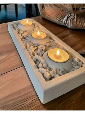 Özbience Şık Tabaklı Beton Mumluk, Taş Detaylı Dekoratif Aksesuar