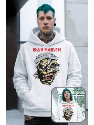 Unisex Skull Iron Maiden Baskılı Kapüşonlu Sweatshirt, Oversize Rock Metal Müzik Baskılı Hoodie