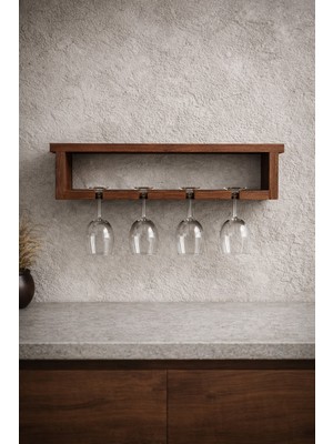 Özbience Masif Ahşap Kadeh Askılığı, Duvara Monte, 4’lü Şık Kadeh Tutucu