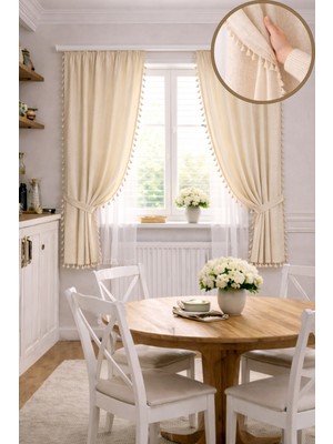 Özbience Organik Pamuklu Püsküllü Kısa Boy Petek Üstü Fon Perde