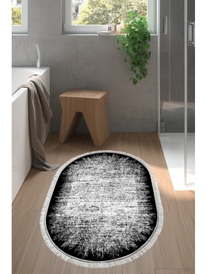 Özbience Kaymaz Taban Banyo Halısı Oval Pamuk Saçaklı Modern Siyah 1342