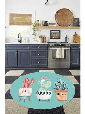 Özbience Dijital Baskılı Kaktüs Motifli Yıkanabilir Kaymaz Taban Yuvarlak Halı