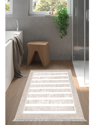 Özbience Kaymaz Taban Banyo Halısı Trend Saçaklı Modern 1545 Bej