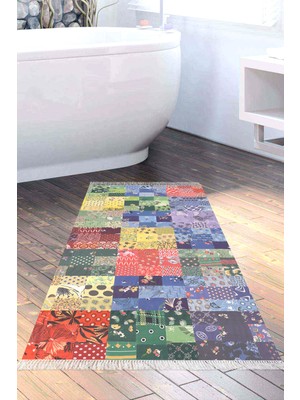 Özbience Renkli Patchwork Yıkanabilir Kaymaz Taban Banyo Paspası