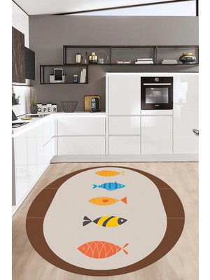 Özbience Balık Motifli Dijital Baskılı Yıkanabilir Yuvarlak Halı, Kaymaz Taban