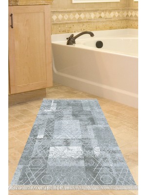 Özbience Kaymaz Taban Banyo Halısı, Saçaklı, Iskandinav Tarz, Mavi, F5132