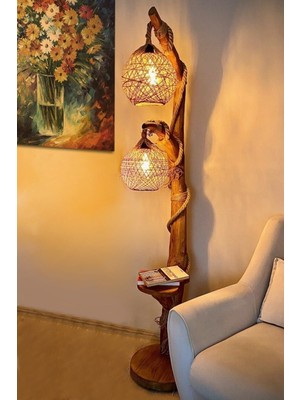 Özbience Kahverengi Doğal Ağaç Lambader, Yalıkavak Serisi, Çift Küre, 140CM