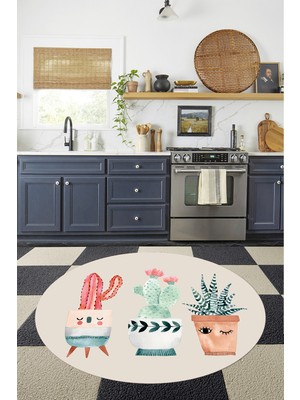 Özbience Dijital Baskılı Kaktüs Desenli Yıkanabilir Yuvarlak Halı