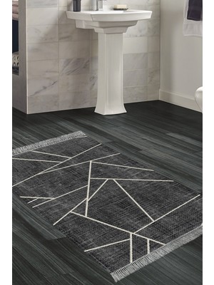Özbience Kaymaz Taban Banyo Halısı Star Pamuk Saçaklı Modern 717 Siyah