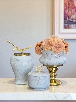 Özbience Beyaz Mermer Salon Seti, Ayaklı Saksı, Şah ve Kutu, Şık Dekorasyon Parçası