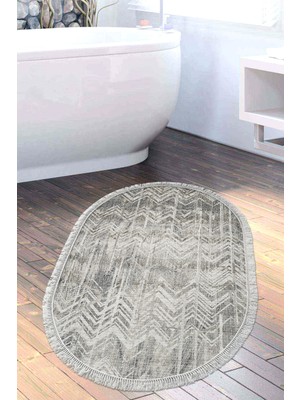 Özbience Saçaklı Oval Banyo Halısı, Kaymaz Taban, Trend Gri Renk, Şık Tasarım